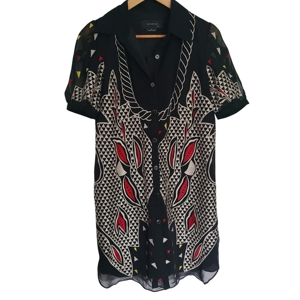 Defenon Black Cotton Silk‎ Embroidered Puff Sleeve Mini Dress 4